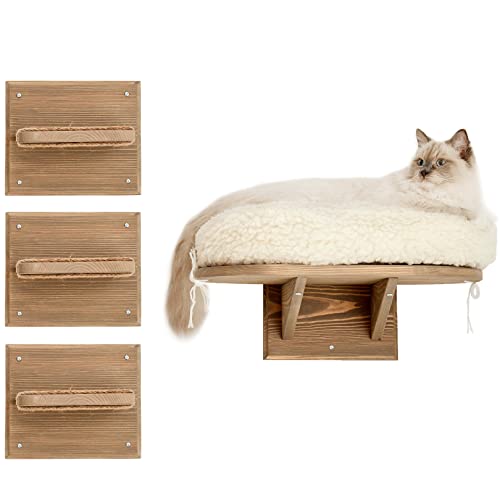 Image of Novecrafto Wall Mounted Cat Shelf Perch Bed With 3 Climbing Steps- Solid Wood Cat Sleeper Platform Shelf With Extra Soft Cushion - Grey Cat Bed
