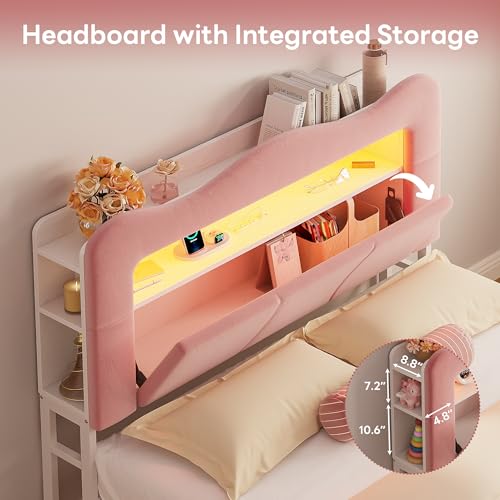 Image of LIKIMIO Full Upholstered LED Bed Frame with 2 Storage Drawers and Bookcase Storage Headboard, Velvet Princess Platform Bed with Charging Station, Heavy Duty Metal Support, No Box Spring Needed, Pink
