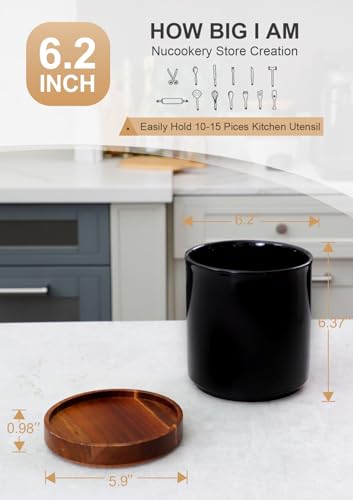 Image of Nucookery 360Rotating Utensil Holder, 7.2 inch Large Utensil Crock, White Ceramic Cooking Utensil Organizer,Farmhouse Kitchen Decor Christmas Thanksgiving Gift (Black)