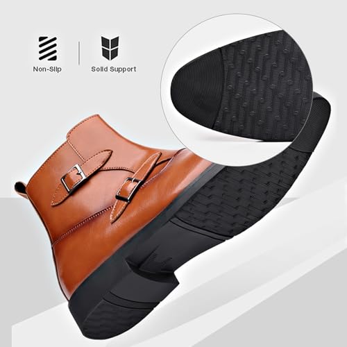 Men's Leather Cap Toe Buckle Chelsea Boots with Side Zipper British Style Slip-On Low Block Heel Chukka Ankle Boots Casual Business Formal Dress Boots4