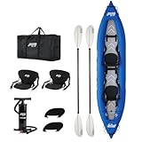 Il set KAYAK include: kayak gonfiabile, pompa a mano, una borsa per il trasporto, 2 pinne, 2 sedili rimovibili e 2 pagaie.