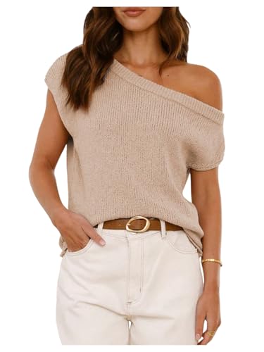WDIRARA Women's One Shoulder Short Sleeve Sweater Asymmetrical Loose Knitted Top