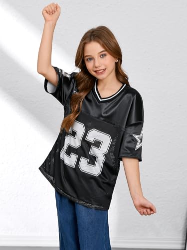 WDIRARA Girl's Number Graphic Jersey Shirts Short Sleeve V Neck Tees Oversized T-Shirt Tops4