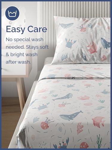 Image of Kids Full Fish & Whales Bed Sheets - 4 Piece Kids Fish & Whales Sheet Set | Fish & Whales Themed Bedding, Ultra-Soft, Cute & Cozy, Breathable & Machine Washable, Bed Set for Boys, Girls & Teens, Comfy