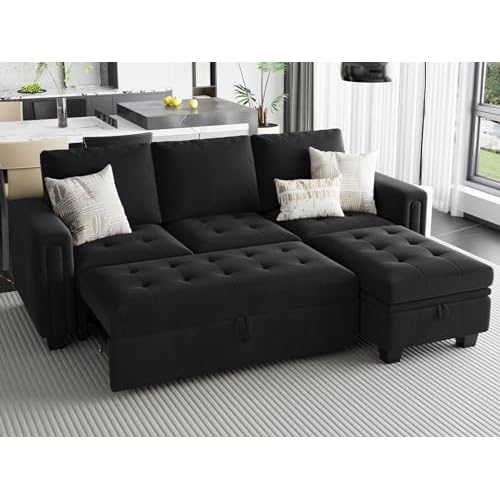 Belffin Sectional Sleeper Sofa with Pull Out Couch Bed Modular Sectional Sofa with Storage Velvet L Shaped Couch Sleeper Bed Black L shape sofa Black