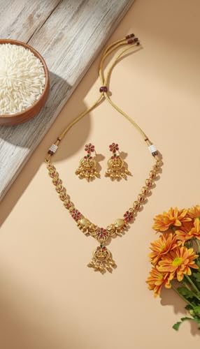 Image of Traditional Gold-Plated Lakshmi Temple Pendant Necklace Set for Women | Antique South Indian Jewelry with Jhumka Earrings | Ethnic Bridal, Wedding & Festive Jewelry Set