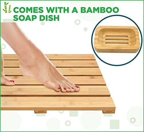 Zpirates Bamboo Bath Mat - Large, Long - Comes With Soap Dish - Non Slip Wooden Bathmat For Bathroom And Sauna Floor #TOP1