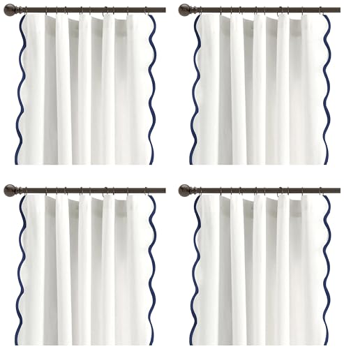 Image of Lush Decor Coastal Chic Scalloped Edge Light Filtering Window Curtain Panels Pair, 52 inch W x 84 inch L, Navy & White - White Curtains for Living Room - Coastal Decor (Pack of 8)