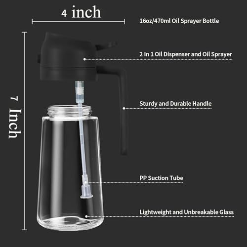 Image of 2-in-1 Oil Dispenser and Sprayer Bottle, Glass with Anti-Drip Spout, 500 ml /16oz Capacity, Leak-Proof Seal, Silicon Funnel, Large Mouth Opening