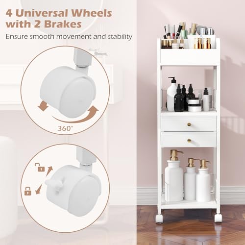 GIANTEX Carro de Almacenamiento para Comésticos, Organizador de Maquillaje con 2 Cajones, 2 Estantes Abiertos y Cubos, 4 Ruedas, 30x30x90cm, Carrito Multifuncional para Baño, Dormitorio - imagen 5