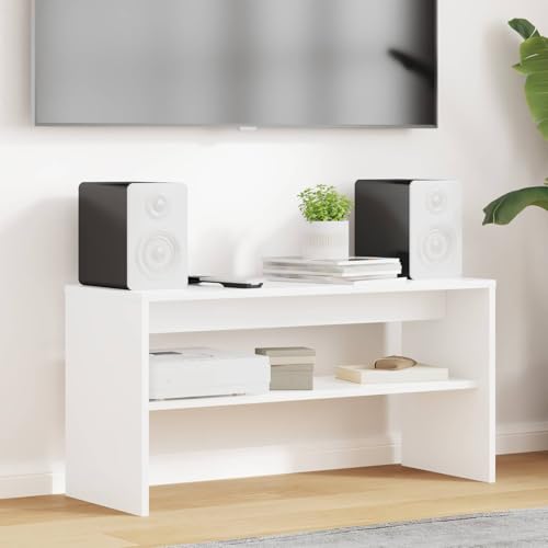 Meuble TV Blanc Moderne 80 cm, Meuble Bas Salon avec Étagère, Rangement Multimédia en Bois d'Ingénierie Solide pour Salle de Séjour et Espace Familial