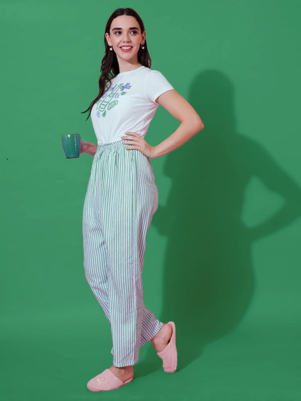 Image of Fflirtygo Women's Cotton Printed Night Suit Set | T-Shirt and Pyjama Set for Women Girls | Short Sleeve Top and Pajama Lounge Set | Green & White Nightwear | Sleepwear Regular Fit Nightdress