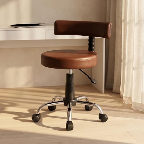 Image of DIYA Seating Chrome Rolling Study Flex Stool (1 Year Warranty) - Brown | Lift & Swivel Adjustable Height Salon Flex Stool w / Foot Rest, Compact Seating for Home Office Shop Study Use -(44 inchx47 inchx83 inch)