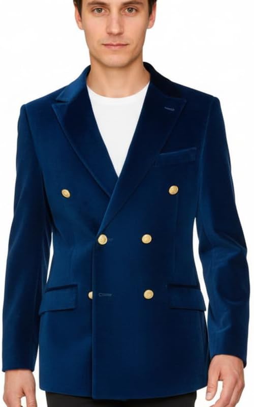 Velvet Blazer for Men Double Breasted 6 Button Notch Lapel Suit Jacket with Flap Pockets for Fall Winter