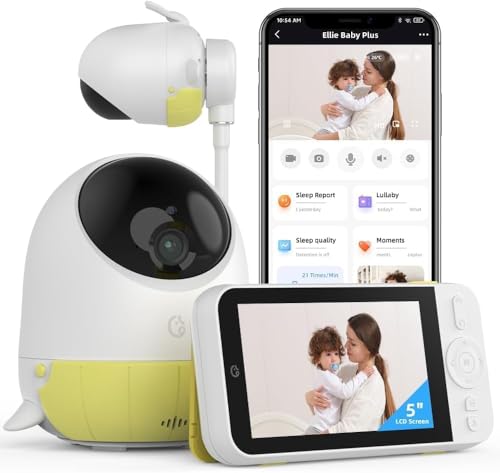 Ellie Baby Pro 5" Monitor with 2.5K FHD Camera, Night Vision, 2-Way Audio, Pan-Tilt-Zoom, Crib & Wall Mount All Inside, No WiFi, No Subscription, with APP