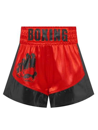 Loodgao Ragazzo Gentile Pantaloncini da Kickboxing Patchwork Pantaloni da Allenamento per Arti Marziali Vita Alta Muay Thai Boxe Pantaloncini Corti Leggings Rosso e Nero 5-6 Anni