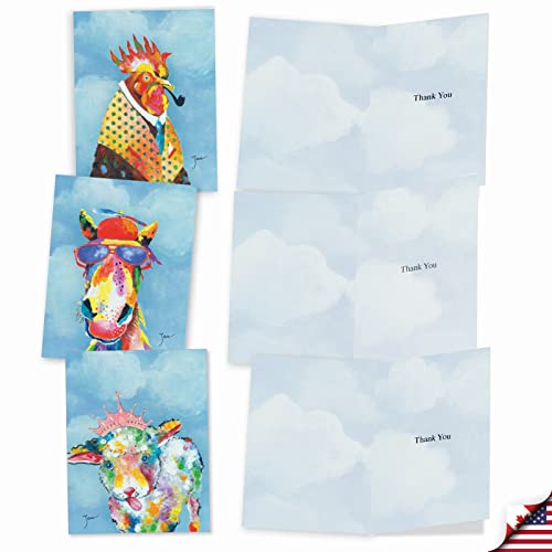 Image of The Best Card Company 10 Assorted Funny Thank You Notecards Box Set 4 x 5.12 Inch with Envelopes (10 Designs, 1 Each) Funny Farm M6563TYG