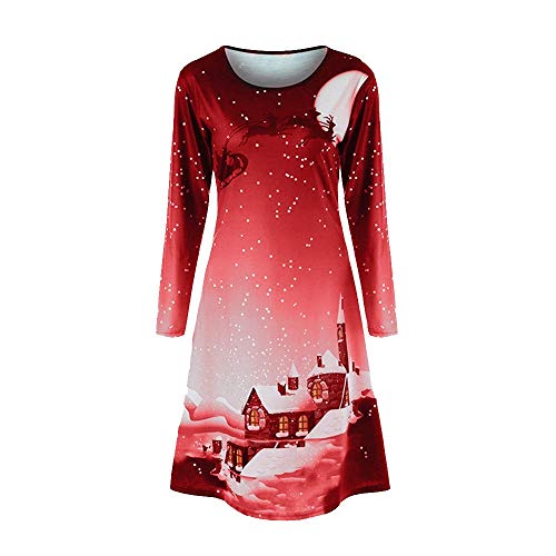JURTEE Women Xmas Costume Fashion Christmas Print Long Sleeve Shift Dress Ladies Evening Party Knee Length Tank Dress(XL,Red)