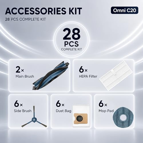 Image of 28Pack Omni C20 Accessories Kit,Compatible with Eufy Omni C20 Robot Vacuum,2 Main Brush 6 Hepa Filters 6 Side Brushes 6 Mops 6 Activated Carbon Vacuum Bags,C20 Omni Parts