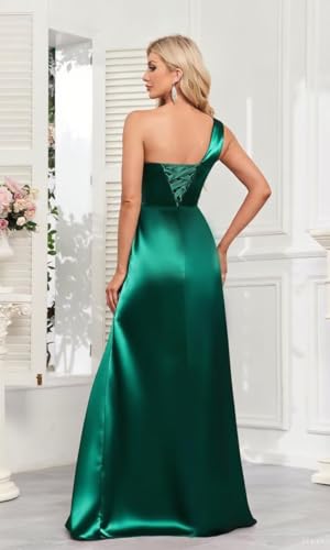 Rjer Womens One Shoulder Bridesmaid Dresses Satin Ruched Cutout Formal Evening Dress with Train2