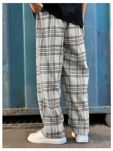 Men's Plaid Pants High Drawstring Waist Trouser Pants Loose Straight Leg Lounge Pants with Pocket2