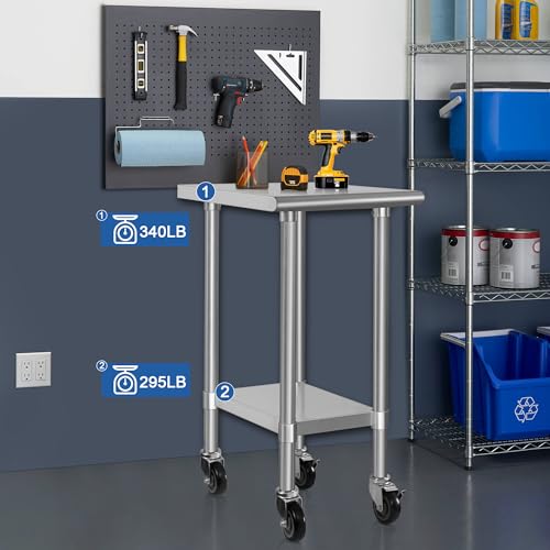 Image of HARDURA Stainless Steel Commercial Table Prep & Work Table with Casters Heavy Duty Metal Table with Wheels NSF 430 24x18 Inches