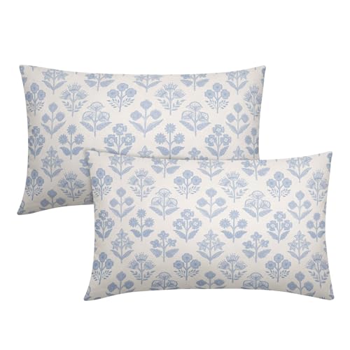 Baby Blue Floral Pillow Covers 12x20 Inch Set of 2, Vintage Flower Block Print Pattern Decorative Throw Pillowcases Outdoor Farmhouse Cushion Covers Spring Summer Rustic Sofa Couch Bed Decor