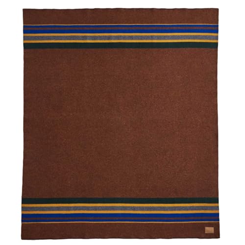 PENDLETON Yakima Camp Thick Warm Wool Indoor Outdoor Striped Throw Blanket, Tobacco Queen Size