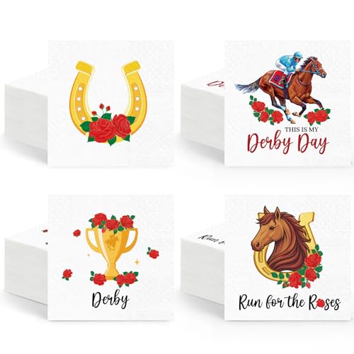 Feifeiya 140 Pcs Derby Horse Cocktail Napkins Horse Racing Party Napkins This Is Derby Day Guest Paper 6.5 x 6.5 Inches Roses Party Beverage Paper Disposable for Jockey Birthday Supplies Decoration
