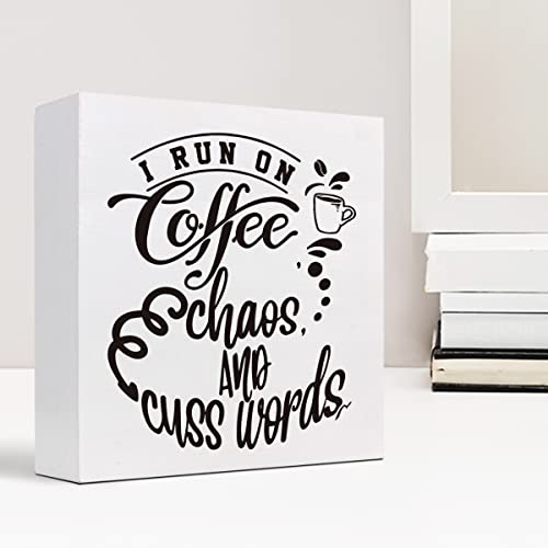 I Run On Coffee Chaoswood Box Sign Desk Decor,Funny Coffee Wood Block Plaque Box Sign Desk Decorations For Home Kitchen Office Cafe Coffee Bar Man Cave Desk Shelf Table Decor #TOP5