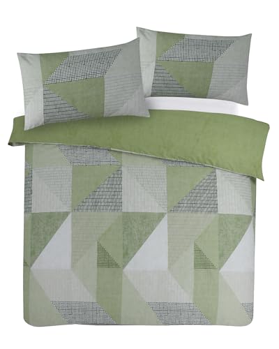 Charlotte Andersen Matrix Geometric Green Grey Double Duvet Set Reversible Easy Care Cotton Blended Bedding (Green, Double)
