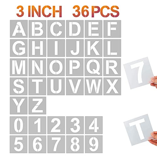 Image of Yeajon 3 Inch Letter & Numbers, 36 Pc Alphabet Art Craft Stencils - Reusable Plastic for Wood, Wall, Fabric, Rock, Chalkboard, Signage & DIY School Art Projects