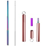 Metal Straws Rainbow With Case Keychain Silicone Tips Reusable Collapsible Telescopic Straw Adjustable Stainless Steel Portable Foldable Drinking Straws for Yeti Tumblers Cleaning Brush Rose Gold