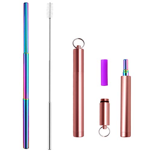 Metal Straws Rainbow With Case Keychain Silicone Tips Reusable Collapsible Telescopic Straw Adjustable Stainless Steel Portable Foldable Drinking Straws for Yeti Tumblers Cleaning Brush Rose Gold