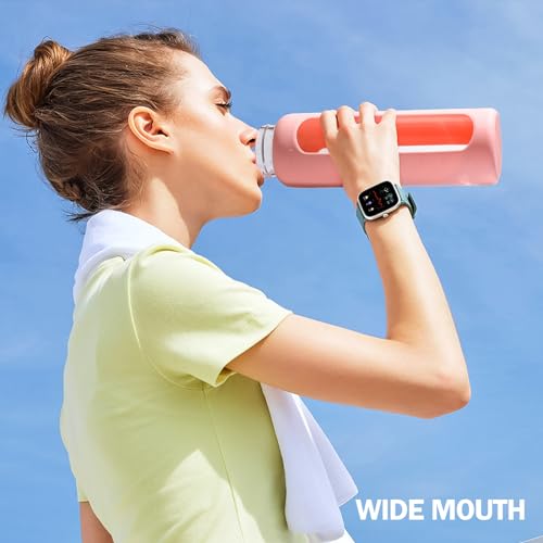 Image of 32oz Glass Water Bottle with Straw and 2 Lids, Pink
