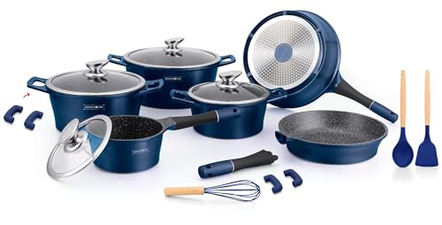 ROYALTY LINE, Juego de 17 piezas, Batería de cocina de aluminio fundido, revestimiento jaspeado, con mangos de silicona extraíbles, compatible con todas las fuentes de calor, 24-28 cm, Azul