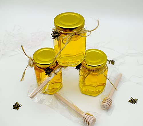 Adabocute 4Oz Hexagonal Honey Jars - Glass Honey Jars With Gold Lids, Wooden Dippers, Bee Charms And Jutes - Hexagon Honey Jars For Baby Shower, Wedding And Party Favors, 12 Pack #TOP4