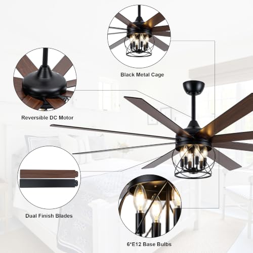 Image of 72 Inch Farmhouse Ceiling Fan with Lights Rustic Ceiling Fan | Remote Control, Rustic Black Caged Fandelier, Industrial Large Chandelier, 3 Downrods for Living Room Indoor Covered Porch
