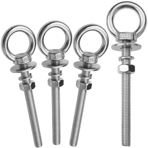 Image of 4 Pack M10 Eye Bolts with Nuts, 304 Stainless Steel 3 /8 inch x 4 inch Heavy Duty Lifting Eye Bolts, Metric M10x102mm Ring Eye Bolt for Hanging, Tie Down, Outdoor & Hardware Fixing (4, 3 /8 inchx4 inch)