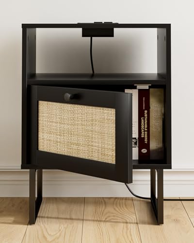 Image of Rattan Nightstand with Charging Station, Boho Night Stand Farmhouse Wood Bedside Table with Storage and Open Shelf, End Side Accent Table for Bedroom,Living Room,Black