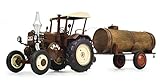 Schuco 450769900 Lanz Traktor mit Güllefaß, Bulldog mit Dach, Fassanhänger (Holz/Lasercut), Modellauto, 1:32, semi-matt braun