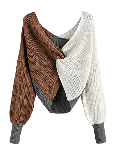 ZAFUL Women's Plunge Colorblock Twist Sweater Drop Shoulder Pullover Crop Sweater,Brown,Medium