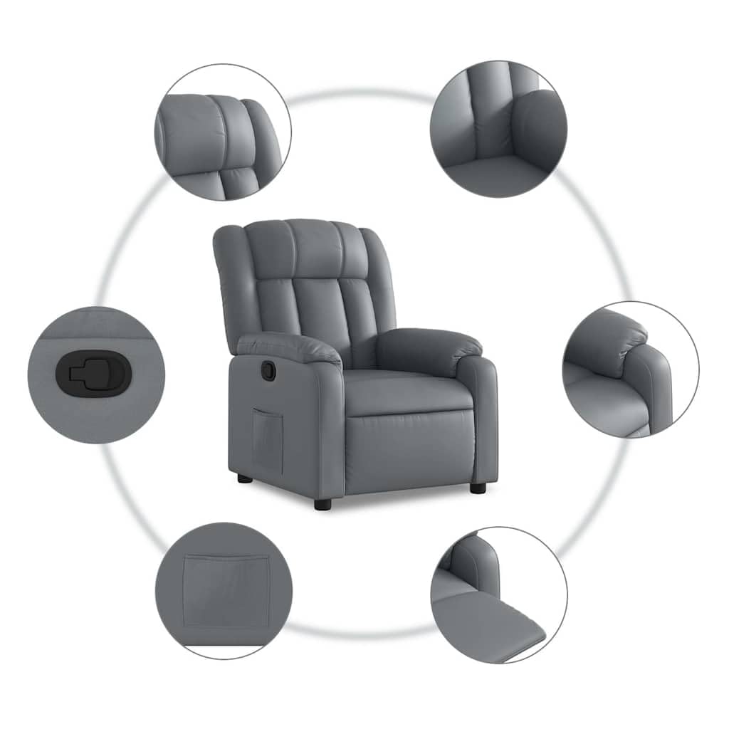 Fotel relaksacyjny, szary, sztuczna skóra z regulowanym oparciem i podnóżkiem, ergonomiczny fotel tapicerowany z podłokietnikami z drewna i metalu, idealny do czytania
