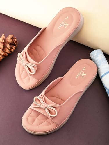 Image of XE Looks Bow Embellished Design | Quilted Cushioned Footbed | Stylish & Trendy Slip On Platform Slippers For Girl & Women