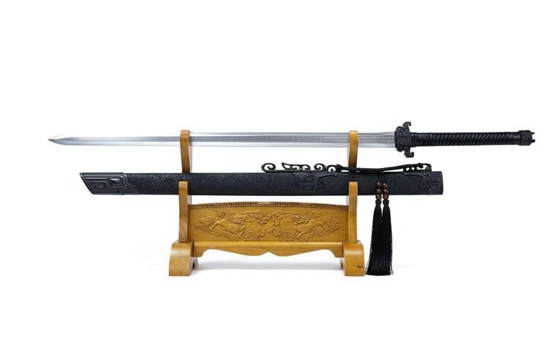 LOONGSWORD Chinese Jian Sword – Hand-Forged 7Cr17MoV High Carbon Steel, Full Tang, Wooden Scabbard & PU Leather Handle – Decorative Martial Arts Collectible