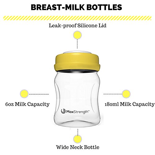 Max Strength Pro Breastmilk Bottles 6pc Set with Leak Proof Lids, 6.oz 180ml Reusable Wide Neck Bottles Best for Breast Milk Collection & Storage Solution, BPA Free, Fits Spectra & Avent Models