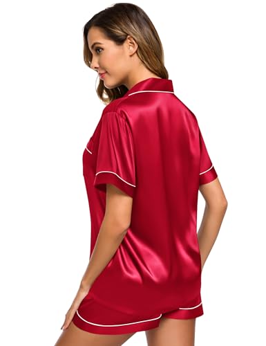 Image of SWOMOG Womens Silk Satin Pajamas Set Short Sleeve Sleepwear Button Down Top and Shorts Loungewear 2 Piece Pjs Set XS-3XL