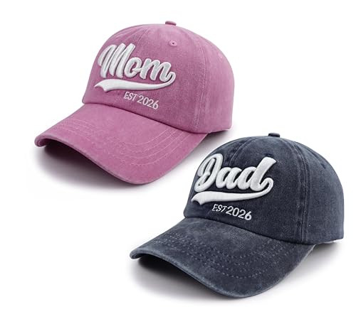 Image of 2PCS Mom and Dad EST 2026 Hat, 3D Embroidered Adjustable New Parents Gifts Baseball Cap