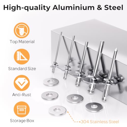 Image of INCLY Pop Rivets & Trifold Rivets Assortment Kit with Washers, 1200PCS | 14 Sizes Aluminum Rivets, 3 /32 inch, 1 /8 inch, 5 /32 inch, 3 /16 inch, 1 /4 inch, and 3 /16'' x 5 /8 inch Tri-Fold Rivets for Metal, Automotive, Kayak