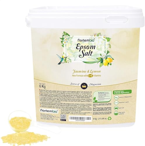 Nortembio Sales de Epsom 100% Fragancia Jazmín y Limón 6 kg – Fuente Natural de Magnesio | Con Vitamina C y E Hidratante | Para Baños Relajantes, Spa y Cuidado de la Piel + E-Book Gratis